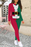 Casual Party Santa Claus Print Contrast O Neck Long Sleeve Two Pieces
