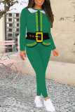 Casual Party Santa Claus Print Contrast O Neck Long Sleeve Two Pieces