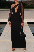 Sexy Formal Elegant Solid Color Hollow Out Patchwork Oblique Collar Long Dresses