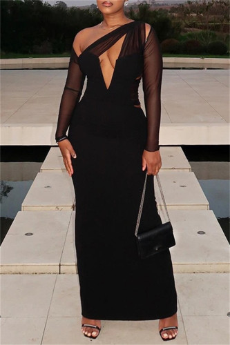 Sexy Formal Elegant Solid Color Hollow Out Patchwork Oblique Collar Long Dresses