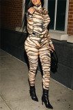 Casual Print Tiger Stripes Basic Turtleneck Skinny Jumpsuits (Without Belt)