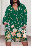 Casual Floral Print Pocket Contrast V Neck Printed Plus Size Dresses