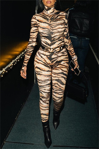 Casual Print Tiger Stripes Basic Turtleneck Skinny Jumpsuits (Without Belt)