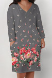 Casual Floral Print Pocket Contrast V Neck Printed Plus Size Dresses