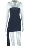 Casual Patchwork Contrast Turndown Collar Wrapped Skirt Dresses