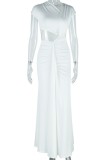 Sexy Solid Color Hollow Out Ruched Oblique Collar Long Dresses