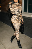 Casual Print Tiger Stripes Basic Turtleneck Skinny Jumpsuits (Without Belt)