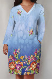 Casual Floral Print Pocket Contrast V Neck Printed Plus Size Dresses