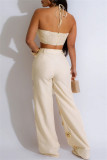 Sexy Casual Solid Color Hollow Out Patchwork Metal Accessories Trim Belted Halter Sleeveless Two Pieces