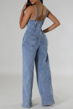 Casual Solid Color Pocket Buckle Patchwork Backless Spaghetti Strap Loose Denim Jumpsuits