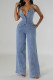 Casual Solid Color Pocket Buckle Patchwork Backless Spaghetti Strap Loose Denim Jumpsuits