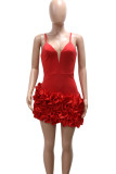 Sexy Solid Color Patchwork Irregular Ruffled Trim Spaghetti Strap Sling Dresses