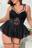 Sexy Solid Color Lace Hollow Out See-Through Backless Spaghetti Strap Plus Size 