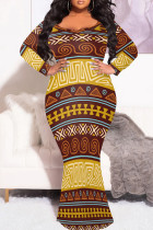 Casual Print Patchwork O Neck Long Plus Size Dresses