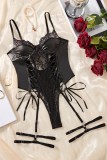Sexy Solid Color Hollow Out Lace Up Backless Patchwork Lingerie