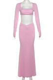 Sexy Solid Color Patchwork Square Neck Long Sleeve Two Pieces