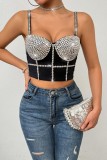 Sexy Nightclub Hot Rhinestone Patchwork Backless Spaghetti Strap Tops