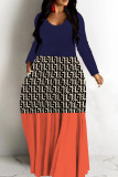 Casual Print Patchwork V Neck Long Dresses
