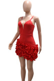 Sexy Solid Color Patchwork Irregular Ruffled Trim Spaghetti Strap Sling Dresses
