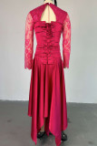 Elegant Solid Color Lace Patchwork O Neck Irregular Dresses