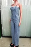 Casual Solid Color Pocket Buckle Patchwork Backless Spaghetti Strap Loose Denim Jumpsuits