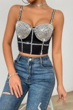 Sexy Nightclub Hot Rhinestone Patchwork Backless Spaghetti Strap Tops