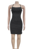 Sexy Solid Color Patchwork Backless Hot Drill Spaghetti Strap Sling Dresses