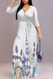Elegant Floral Print Lace Up V Neck Printed Dresses