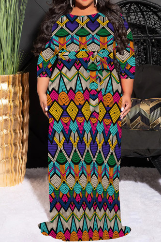 Casual Print Patchwork O Neck Long Plus Size Dresses