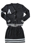 Casual Letters Buckle Patchwork Pleated V Neck Long Sleeve Two Pieces