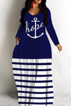 Casual Striped Print Basic V Neck Long Dresses