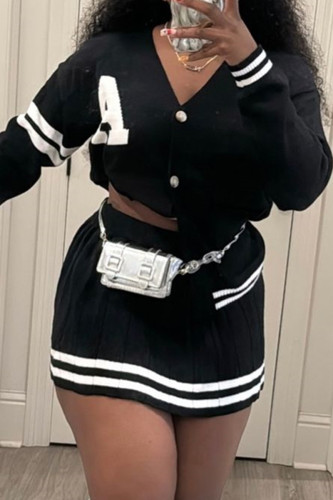 Casual Letters Buckle Patchwork Pleated V Neck Long Sleeve Two Pieces