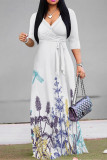 Elegant Floral Print Lace Up V Neck Printed Dresses