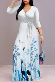Elegant Floral Print Lace Up V Neck Printed Dresses