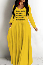 Casual Letter Print Basic V Neck Long Dresses