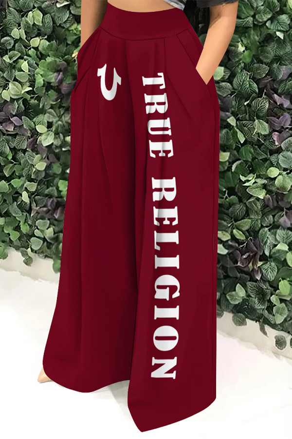 Casual Street Letter Print Pocket Loose High Waist Wide Leg Positioning Print Bottoms