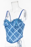 Sexy Hot Plaid Print Patchwork Backless Butterfly Spaghetti Strap Tops