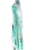 Elegant Print Hollow Out Patchwork High Slit Asymmetrical Collar Irregular Dresses