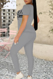 Casual Street Letter Print Contrast O Neck Short Sleeve Two Pieces