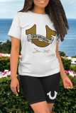 Casual Letter Print Contrast O Neck Short Sleeve Two Pieces