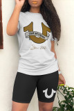 Casual Letter Print Contrast O Neck Short Sleeve Two Pieces