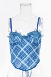Sexy Hot Plaid Print Patchwork Backless Butterfly Spaghetti Strap Tops