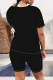 Casual Letter Print Contrast O Neck Short Sleeve Two Pieces