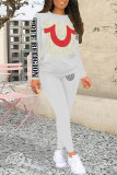 Casual Letter Print Contrast O Neck Long Sleeve Two Pieces