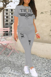 Casual Street Letter Print Contrast O Neck Short Sleeve Two Pieces