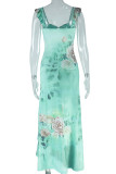 Elegant Print Hollow Out Patchwork High Slit Asymmetrical Collar Irregular Dresses