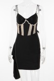 Sexy Party Hot Patchwork Backless Spaghetti Strap Wrapped Skirt Dresses