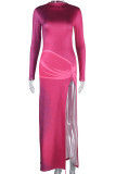 Elegant Solid Color Patchwork High Slit O Neck Long Dresses
