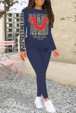 Casual Letter Print Contrast O Neck Long Sleeve Two Pieces