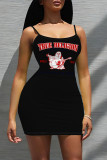 Sexy Letter Print Contrast U Neck Sling Dresses